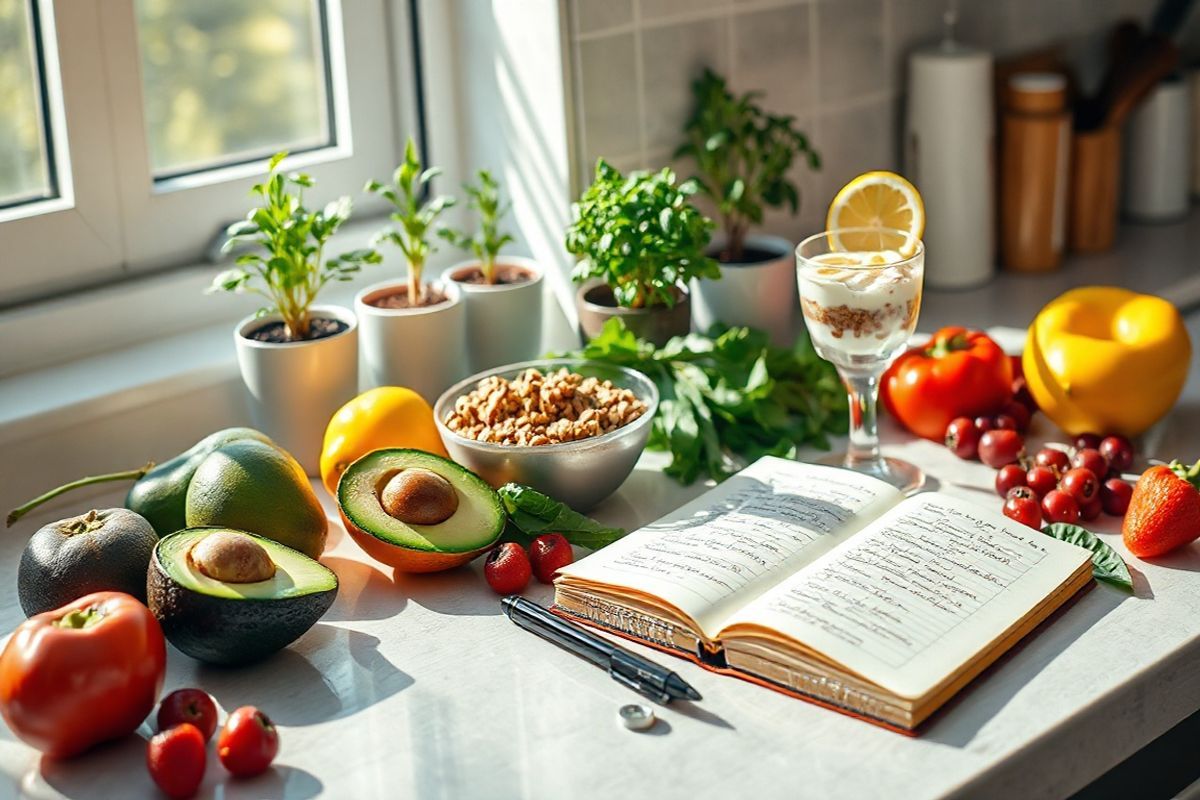 A photorealistic image depicting a serene kitchen scene focused on healthy eating and digestive wellness. The countertop is adorned with an array of fresh, colorful fruits and vegetables, including ripe avocados, vibrant bell peppers, leafy greens, and juicy berries, all glistening with dew. A neatly opened food diary lies on the side, its pages filled with handwritten notes and doodles, accompanied by a stylish pen. Soft, natural light streams in through a window, casting gentle shadows that create a warm and inviting atmosphere. In the background, a bowl of yogurt topped with granola and sliced bananas sits next to a glass of water infused with lemon slices, symbolizing hydration. A small, lush herb garden in pots adds a touch of greenery, emphasizing the importance of fresh ingredients. The overall color palette is bright and uplifting, conveying a sense of health and mindfulness in the kitchen, perfect for promoting a balanced diet and digestive health.