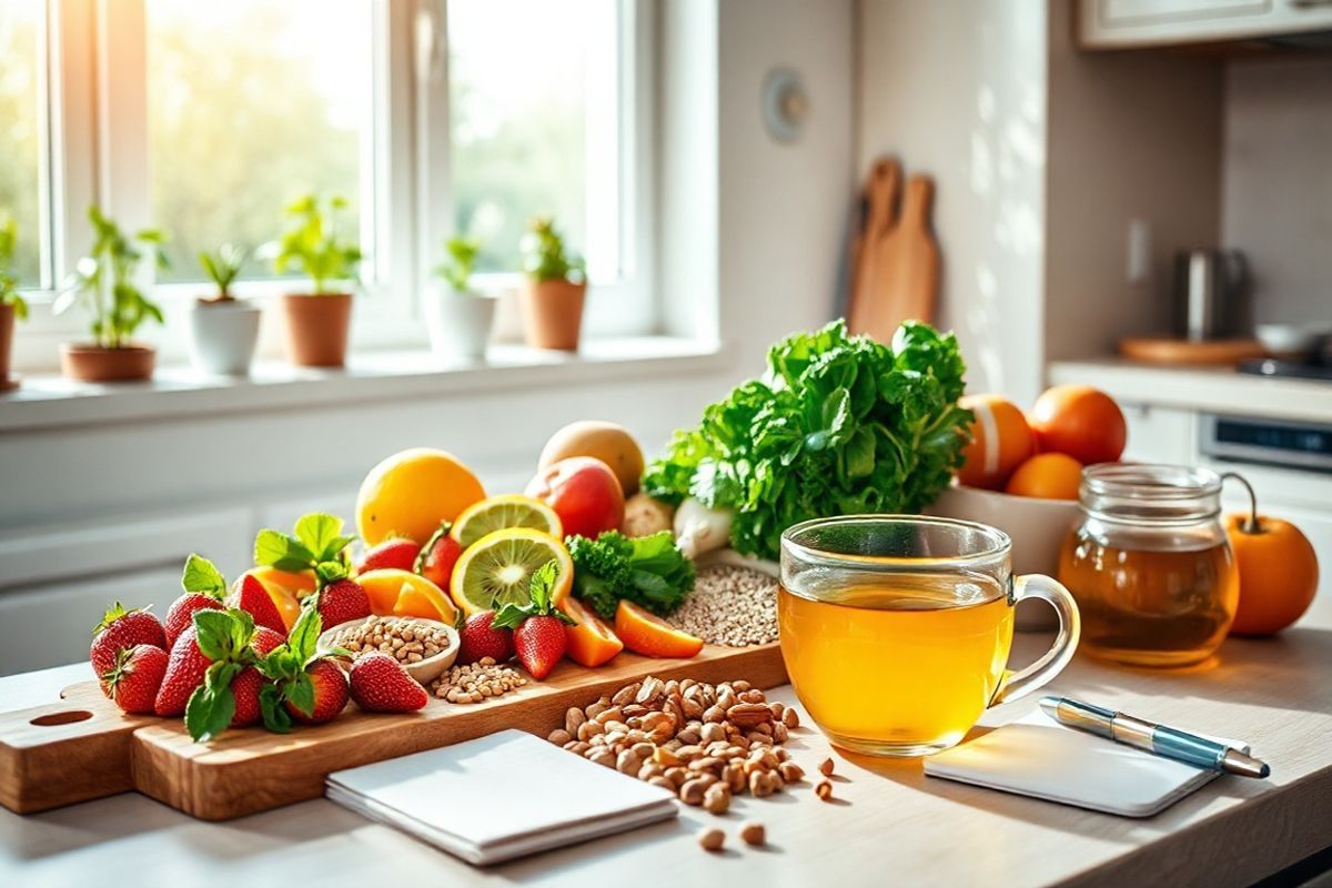 A photorealistic image depicting a beautifully arranged kitchen countertop filled with fresh, colorful ingredients representing a balanced diet. The scene features a wooden cutting board with vibrant, sliced fruits such as ripe strawberries, juicy oranges, and green kiwis, alongside a bowl of leafy greens and a handful of nuts. Nearby, a ceramic bowl holds whole grains, with a glass jar filled with honey reflecting the warm sunlight. In the background, a large window lets in natural light, illuminating the kitchen’s clean, modern design with soft, neutral tones. Fresh herbs like basil and parsley are planted in small pots on the windowsill, adding a touch of greenery. A steaming cup of herbal tea rests beside a notepad and pen, suggesting mindfulness and reflection on dietary choices. The overall composition conveys a sense of health, vitality, and the importance of fresh, wholesome foods in supporting digestive health, inviting viewers to consider their own eating habits and the beauty of nourishing their bodies.