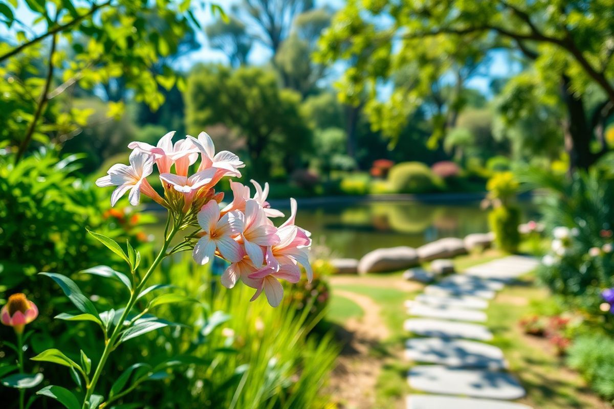 A photorealistic image depicting a serene outdoor scene in a lush botanical garden, showcasing a variety of vibrant flowers, green foliage, and trees. In the foreground, a cluster of delicate, soft pink and white blooms resembling dermatofibromas gently sways in the breeze, symbolizing the benign appearance of skin lesions. The background features a tranquil pond reflecting the clear blue sky, surrounded by rich greenery, creating a sense of calm and hope. Sunlight filters through the leaves, casting dappled shadows on the ground, enhancing the peaceful atmosphere. A subtle path made of smooth stones weaves through the garden, inviting viewers to explore the beauty of nature, which serves as a metaphor for the journey of understanding and treating dermatofibrosarcoma protuberans. The overall composition conveys a sense of tranquility and resilience, emphasizing the importance of awareness and research in combating rare skin cancers while celebrating the beauty of life and healing.