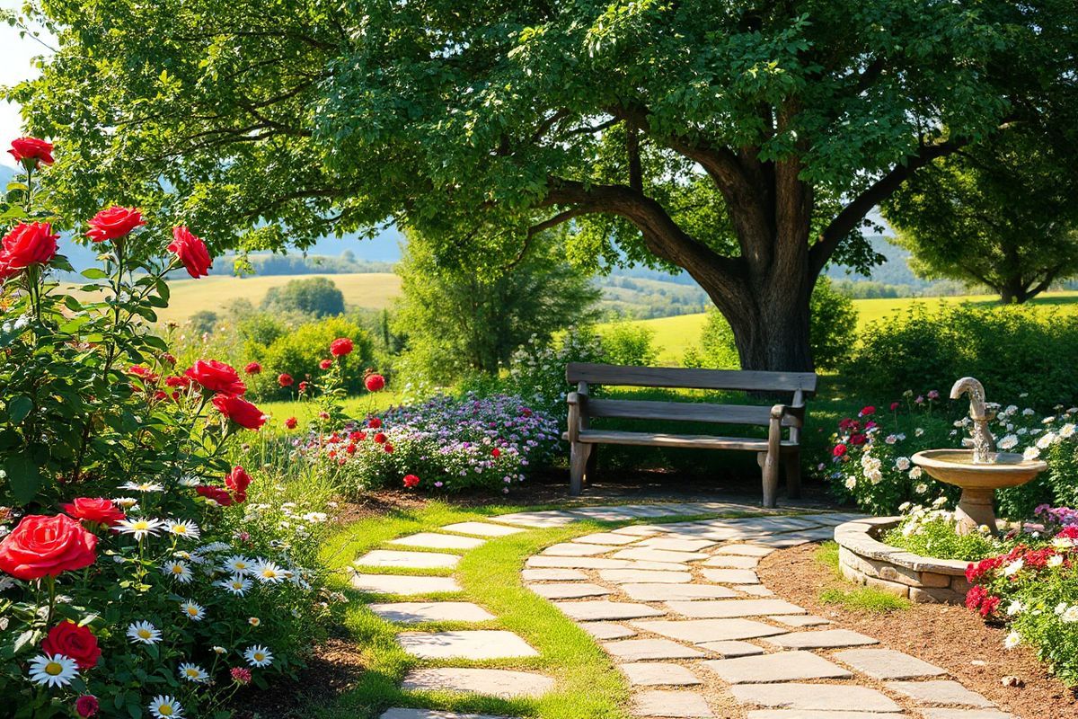 A serene outdoor setting featuring a well-maintained garden with a variety of colorful flowers, including vibrant red roses, delicate white daisies, and lush green foliage. In the center, a smooth stone path winds through the garden, leading to a rustic wooden bench nestled under the shade of a large, leafy tree. Sunlight filters through the branches, casting dappled shadows on the ground. Nearby, a small water feature, such as a gently bubbling fountain, adds a calming sound to the scene. The background showcases a softly blurred horizon of rolling hills, emphasizing the tranquility of the space. The overall atmosphere conveys a sense of peace and healing, inviting viewers to imagine a moment of reflection and respite amidst nature’s beauty.