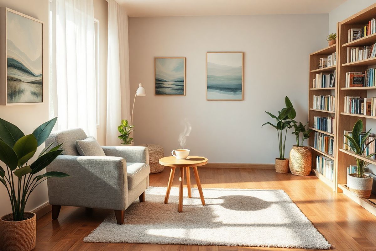 A serene, photorealistic image depicting a cozy, inviting therapy room. The room features soft, warm lighting that creates a calming atmosphere. In one corner, a comfortable armchair upholstered in light gray fabric is positioned beside a small wooden side table with a steaming cup of herbal tea. A large window with sheer white curtains allows natural light to gently filter in, illuminating the tranquil scene. On the walls, soothing artwork, such as abstract landscapes in soft blues and greens, adds to the peaceful ambiance. A plush area rug in neutral tones lies on a wooden floor, while a few potted plants, including a peace lily and a snake plant, bring a touch of nature indoors. A bookshelf filled with self-help books and journals lines one wall, suggesting a space dedicated to reflection and healing. The overall composition evokes a sense of safety and comfort, providing a perfect visual representation for the journey of individuals navigating their anxiety disorders and seeking support through therapy.