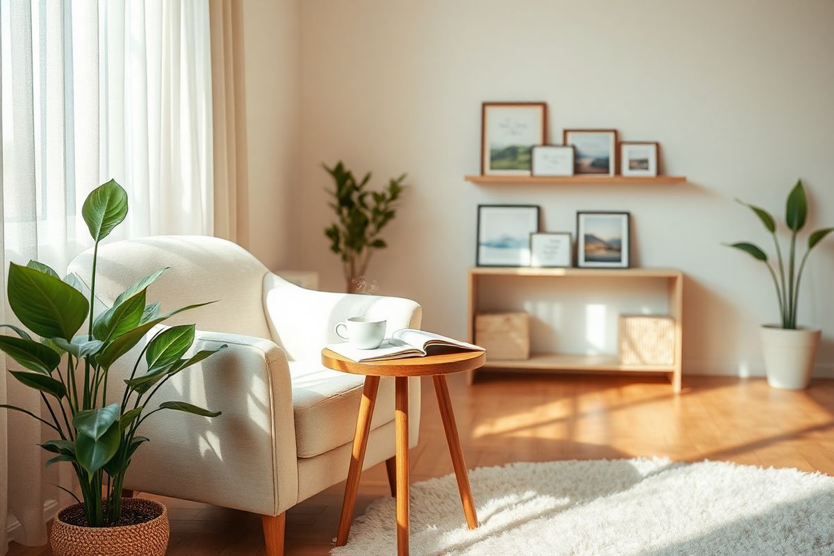 A serene indoor scene featuring a cozy, warmly lit room designed for relaxation and mental well-being. In the foreground, a comfortable armchair upholstered in soft, neutral tones is positioned beside a small wooden side table adorned with a steaming cup of herbal tea and an open book. A lush indoor plant, such as a peace lily or snake plant, is placed nearby, bringing a touch of nature into the space. The walls are painted in calming pastel shades, and soft, diffused light filters through sheer curtains, creating a tranquil atmosphere. In the background, a small shelf displays framed photographs of serene landscapes and inspirational quotes, while a plush area rug adds warmth to the hardwood floor. The overall composition conveys a sense of peace and comfort, inviting the viewer to imagine a moment of quiet reflection or mindfulness, perfectly capturing the essence of coping with anxiety disorders in a supportive and nurturing environment.