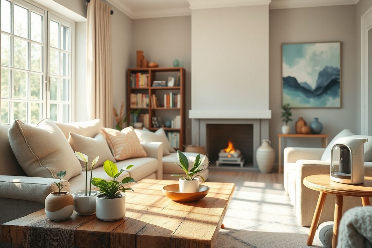 A serene and photorealistic depiction of a tranquil indoor scene showcasing a cozy living room designed for comfort and relaxation. The room features a large window allowing soft, natural light to filter in, illuminating the space with a warm glow. Plush, light-colored furniture, including a comfortable sofa adorned with pastel throw pillows, invites relaxation. A coffee table made of reclaimed wood holds an assortment of potted plants, including a vibrant peace lily and a small succulent, symbolizing life and health. In the background, a softly glowing fireplace adds warmth and ambiance, while a bookshelf filled with well-loved books lines one wall. On the other side, a calming abstract painting in soothing blues and greens enhances the peaceful atmosphere. A small, stylish humidifier sits on the side table, subtly hinting at a focus on respiratory health. The overall color palette consists of soft earth tones and gentle pastels, creating an inviting environment that embodies comfort and a sense of well-being, ideal for individuals managing asthma or respiratory conditions.