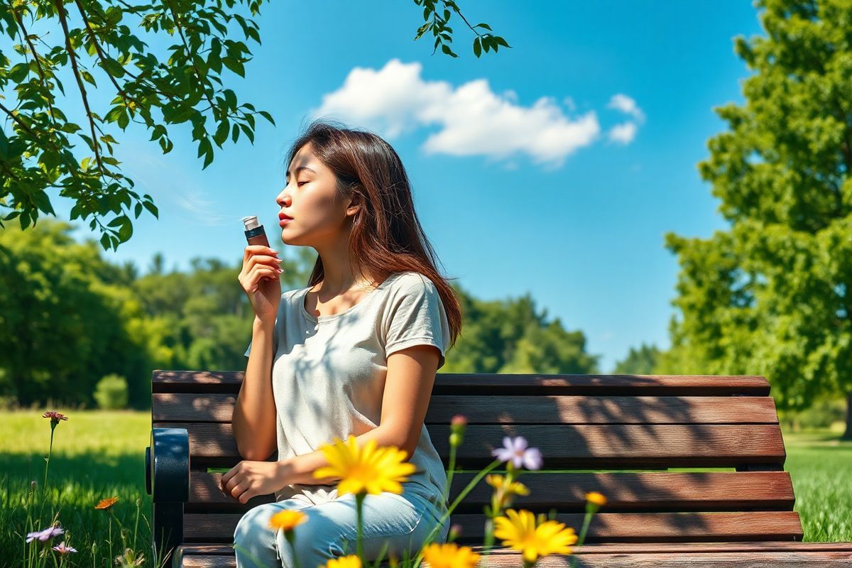 A serene and photorealistic image captures a tranquil outdoor scene that conveys the essence of living with asthma. In the foreground, a young woman sits peacefully on a wooden bench in a lush, green park, her inhaler resting beside her. She gazes thoughtfully at a gentle breeze rustling the leaves of nearby trees, symbolizing her connection to nature. The sunlight filters through the branches, casting dappled shadows on the ground, enhancing the feeling of calm and introspection. In the background, a clear blue sky stretches overhead, with a few fluffy white clouds drifting lazily, representing the hope and freedom that can come with effective asthma management. Wildflowers bloom vibrantly around the bench, adding a splash of color and life to the scene. The overall atmosphere is one of tranquility and resilience, highlighting the balance between enjoying the outdoors and managing asthma symptoms. This image serves as a reminder of the beauty of life despite health challenges, perfectly aligning with the themes of the article on asthma and disability.