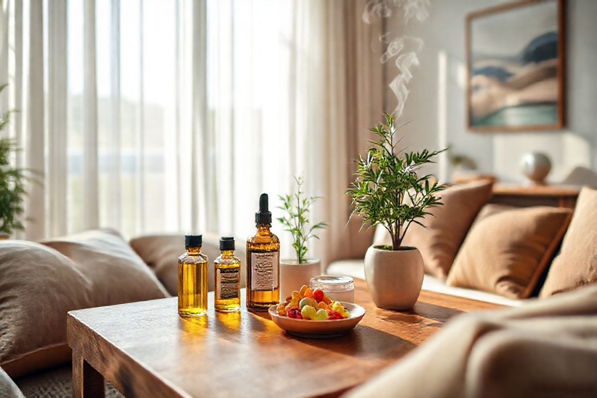 A serene and inviting scene unfolds in a softly lit room, designed for relaxation and wellness. In the foreground, a beautifully crafted wooden coffee table holds an assortment of CBD products, including a small bottle of golden CBD oil, a jar of soothing topical cream, and a few colorful CBD gummies nestled in a delicate dish. Surrounding the table are plush cushions in calming earth tones, inviting one to sit and unwind. A potted hemp plant, lush and vibrant, adds a touch of nature and authenticity to the setting. In the background, a large window allows gentle sunlight to filter through sheer curtains, casting soft shadows on the walls adorned with soothing artwork depicting tranquil landscapes. The ambiance is further enhanced by the presence of a small essential oil diffuser, emitting wisps of aromatic steam, creating a peaceful and therapeutic atmosphere. This image embodies relaxation and natural wellness, perfectly complementing the concept of CBD as a muscle relaxant and its potential therapeutic benefits.