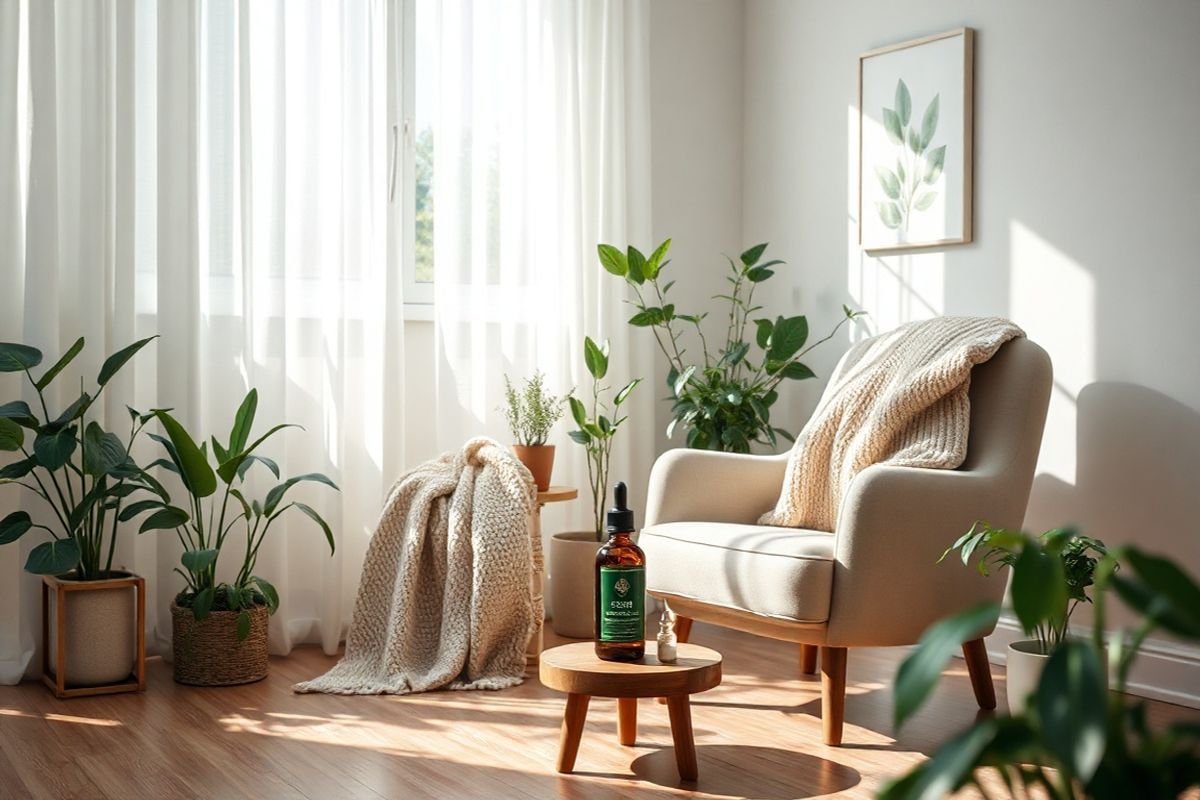 A serene and inviting scene unfolds in a softly lit room, featuring a plush, inviting armchair draped with a cozy, textured throw blanket in calming shades of green and beige. Nearby, a small, round wooden table holds a sleek bottle of CBD oil, its label elegantly designed, alongside a delicate glass dropper. The backdrop is adorned with lush potted plants, creating a refreshing, natural ambiance. Sunlight filters through sheer white curtains, casting gentle shadows on the hardwood floor, enhancing the tranquility of the space. On the wall, a subtle watercolor painting of abstract leaves complements the room’s soothing color palette. A small, open window allows a gentle breeze to flutter the curtains, suggesting a peaceful connection to the outdoors. This harmonious setting encapsulates relaxation and wellness, making it an ideal visual representation of the therapeutic benefits of CBD for muscle relaxation. The overall composition evokes a sense of calm and serenity, inviting viewers to explore the soothing properties of natural remedies.