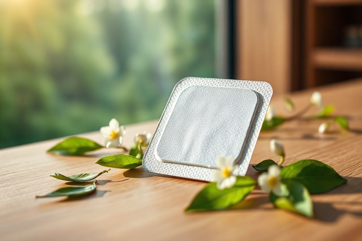 A close-up view of a nicotine patch resting gently on a smooth, clean surface, such as a wooden table. The patch is depicted in vivid detail, showcasing its textured surface and adhesive backing, with a soft sheen that reflects light subtly. Surrounding the patch are scattered, vibrant green leaves and a few delicate white flowers, symbolizing renewal and hope. In the background, there’s a blurred image of a serene, natural setting, perhaps a calming forest or a tranquil garden, conveying a sense of peace and healing. The lighting is warm and inviting, casting soft shadows that enhance the three-dimensional quality of the patch and its surroundings. The overall composition evokes a sense of tranquility and the journey towards quitting smoking, highlighting the patch as a tool for positive change.