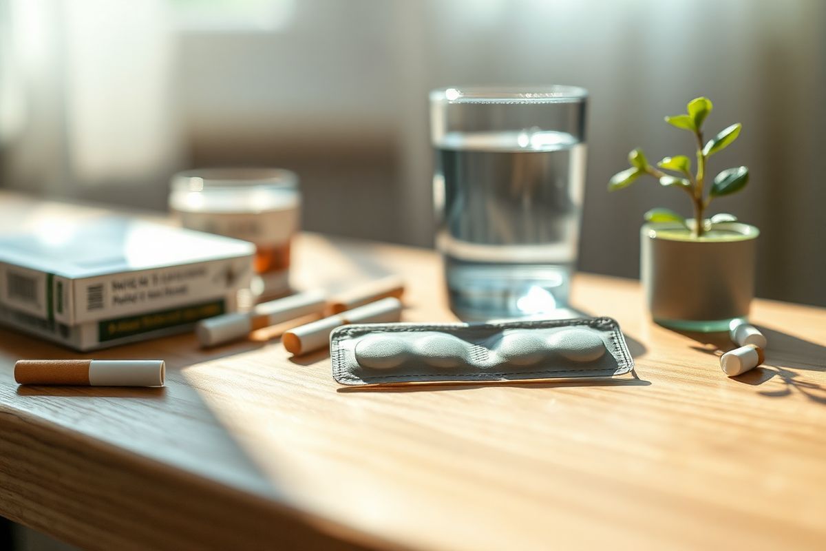 A close-up shot of a nicotine patch resting on a smooth wooden surface, capturing the texture and details of the patch’s adhesive side. The background is softly blurred, featuring a calming environment with natural light filtering through a nearby window, casting gentle shadows. Surrounding the patch are scattered elements symbolizing the journey of quitting smoking: a pair of worn-out cigarette packs, a half-full glass of water, and a small potted green plant representing new beginnings. The wooden surface adds warmth to the scene, and the overall color palette includes soft greens, browns, and whites, evoking a sense of tranquility and hope. The focus on the patch highlights its importance in the smoking cessation process, while the additional elements subtly convey the struggles and support associated with quitting smoking.