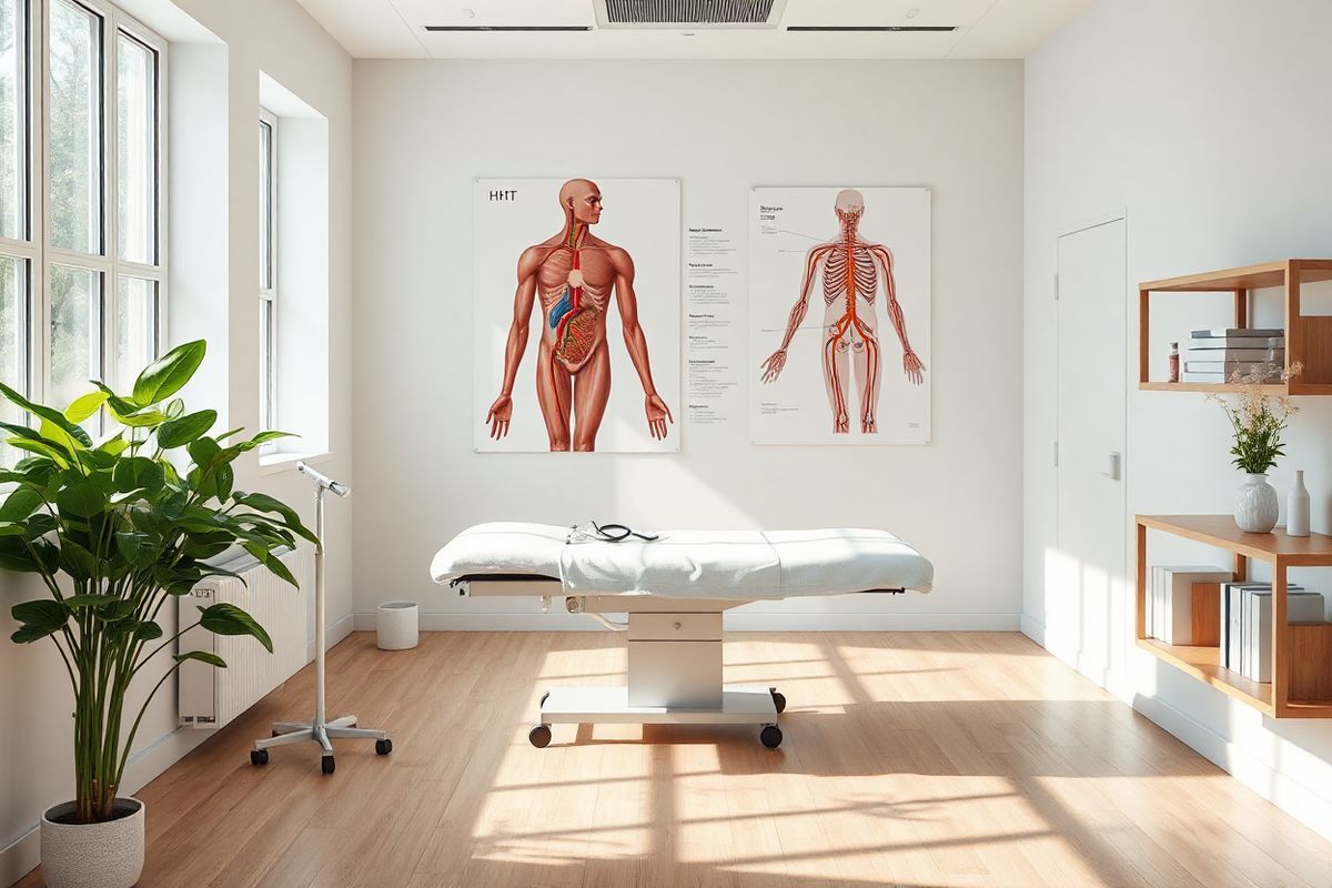 A photorealistic decorative image depicts a serene medical examination room bathed in soft, natural light filtering through large windows. The room features a clean, minimalist design with light-colored walls and polished wooden floors. In the center, a comfortable examination table is draped in crisp white linens. Surrounding the table are various medical instruments, neatly organized, including a stethoscope, otoscope, and an array of colorful vials. On the wall, a large anatomical poster illustrates the human circulatory system, highlighting veins and arteries in rich detail, subtly emphasizing the importance of blood vessel health.   In one corner, a lush green plant adds a touch of nature and tranquility to the scene, symbolizing hope and healing. A wooden shelf displays medical textbooks alongside a small decorative vase filled with fresh flowers, enhancing the inviting atmosphere. The overall ambiance conveys a sense of professionalism and care, making it an ideal backdrop for discussions around hereditary hemorrhagic telangiectasia (HHT) and its management, while also instilling comfort and reassurance for patients seeking medical evaluation and support.