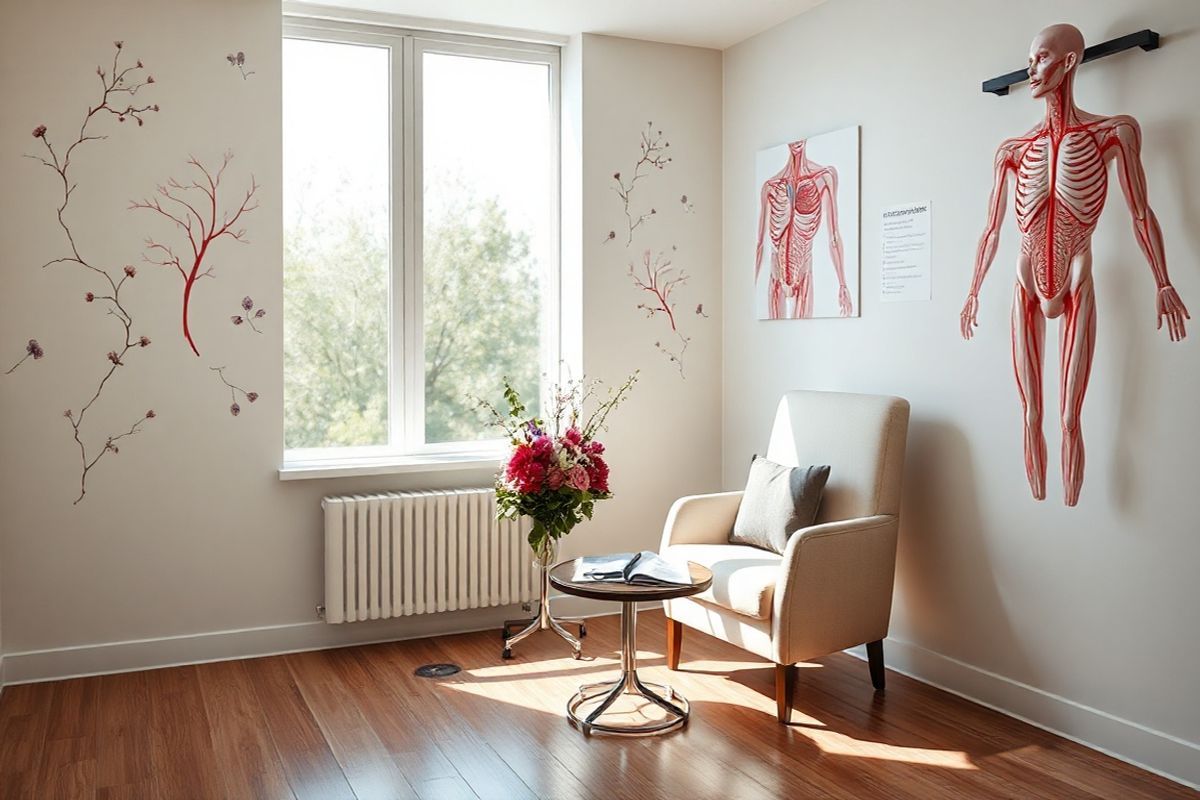 A photorealistic decorative image that complements the theme of hereditary hemorrhagic telangiectasia (HHT) features a serene, softly lit medical examination room. The room is adorned with delicate botanical illustrations of blood vessels and capillaries, highlighting their intricate structures. A large window allows natural light to pour in, casting gentle shadows across the polished wooden floor. In the foreground, a plush, inviting chair sits next to a small table displaying medical literature about HHT, with a stethoscope draped casually over the armrest. A subtle arrangement of fresh flowers adds a touch of warmth, with deep reds and purples reminiscent of telangiectasias. Nearby, a wall-mounted anatomical model of the human circulatory system showcases the connections between arteries and veins, subtly emphasizing the nature of arteriovenous malformations. The overall atmosphere conveys a sense of calm, hope, and education, encouraging viewers to engage with the subject matter thoughtfully and compassionately. The combination of natural elements and medical themes creates a harmonious space that reflects the complexity and beauty of the human body, while also acknowledging the challenges faced by those with HHT.