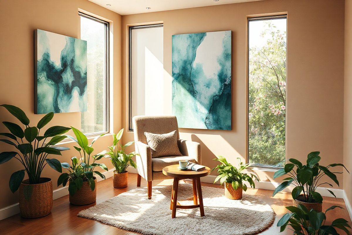 A serene therapy room bathed in soft, natural light, featuring warm earth tones that create a calming atmosphere. In the center, a comfortable, inviting armchair is surrounded by lush green plants, symbolizing growth and healing. A small, round wooden table beside the chair holds a steaming cup of herbal tea and a notebook with a pen, suggesting a space for reflection and exploration. On the wall, a large abstract painting in soothing blues and greens reflects themes of transformation and hope. A plush rug adds warmth to the wooden floor, while a large window showcases a tranquil garden outside, with blossoming flowers and gentle sunlight filtering through the leaves. The overall ambiance is one of comfort and support, embodying the essence of Solution-Focused Brief Therapy, where clients can envision their strengths and future possibilities in a nurturing environment.