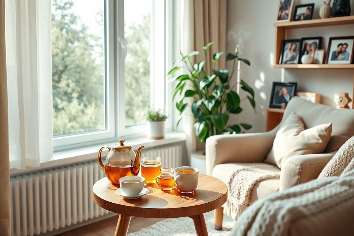 A serene, photorealistic scene depicting a cozy, well-lit living room that emphasizes a healthy lifestyle to complement bronchitis management. The room features a large window with soft, natural light streaming in, illuminating a small wooden table adorned with an assortment of herbal teas in delicate teacups and a jar of golden honey. A steaming kettle sits beside the teacups, suggesting warmth and comfort. In the background, a lush indoor plant, such as a peace lily or snake plant, thrives in a corner, symbolizing clean air and improved lung health.   On a nearby shelf, a few framed photographs of happy moments and family gatherings evoke a sense of community and support. A comfortable armchair in a neutral color is positioned next to a small humidifier, gently releasing a fine mist, promoting respiratory wellness. Soft, inviting textures like a knitted throw blanket and plush cushions add warmth to the space, while a calming color palette of greens, browns, and creams enhances the peaceful atmosphere. This image encapsulates the essence of natural remedies and lifestyle changes, creating a harmonious environment for those managing bronchitis symptoms.