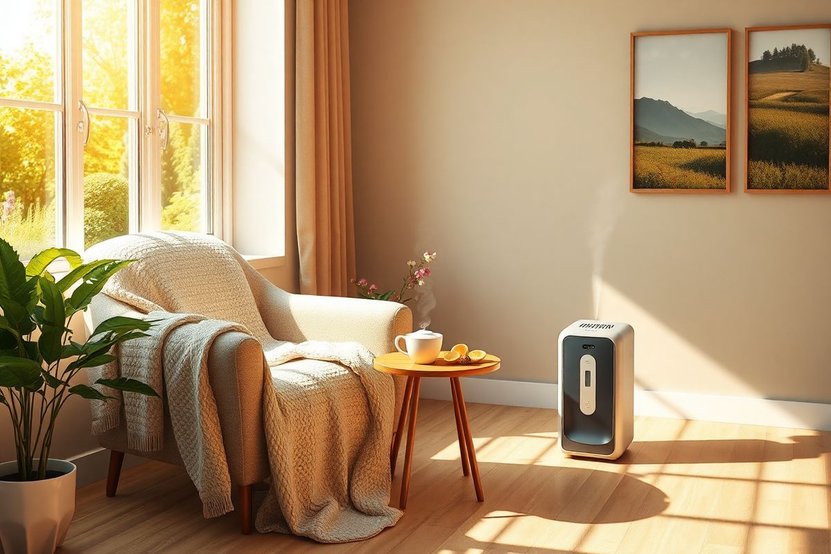 A photorealistic image depicts a serene and inviting indoor setting designed for relaxation and healing. The focal point is a cozy armchair draped with a soft, textured blanket, positioned next to a large window that lets in warm, golden sunlight. Outside the window, a lush garden filled with vibrant green plants and colorful flowers can be seen, symbolizing recovery and vitality. On a small side table beside the chair, a steaming cup of herbal tea rests alongside a few natural remedies, such as honey and lemon slices, evoking a sense of comfort and wellness. The walls are adorned with calming artwork depicting tranquil landscapes, enhancing the overall atmosphere of peace. A gentle mist from a nearby humidifier adds a subtle, soothing effect to the air, reminiscent of therapeutic environments. The flooring is a light wood, contributing to the warm, inviting ambiance. Overall, the image captures an essence of health, tranquility, and the importance of nurturing oneself in the face of respiratory challenges, making it an ideal visual accompaniment to the topic of bronchitis and its management.