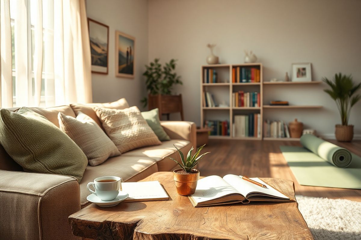 A serene and inviting scene unfolds in a cozy living room, bathed in soft, warm light filtering through sheer curtains. In the foreground, a plush, earth-toned sofa is adorned with a variety of textured cushions, creating a welcoming atmosphere. A coffee table, made of reclaimed wood, holds a steaming cup of herbal tea, a small potted plant, and an open journal with a pen, suggesting a moment of reflection and mindfulness.   On the walls, subtle artwork depicting nature scenes adds a calming touch, while a few framed photographs of smiling friends and family members evoke feelings of connection and support. In the background, a bookshelf filled with health and wellness books hints at a journey of self-improvement. A yoga mat rolled out in a corner invites relaxation and stress relief.   The overall color palette consists of soft greens, warm browns, and gentle creams, evoking a sense of tranquility and harmony. This image captures the essence of a smoke-free lifestyle, emphasizing comfort, support, and the importance of nurturing one’s well-being in a peaceful home environment.