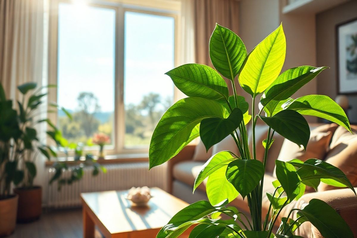 A serene and photorealistic image of a peaceful indoor setting featuring a cozy living room filled with lush greenery. In the foreground, a large, vibrant houseplant with broad, glossy leaves sits on a wooden side table, symbolizing health and vitality. Sunlight streams through a large window, casting warm rays that illuminate the room and highlight the rich textures of the furniture—soft, inviting cushions on a plush sofa and a natural wood coffee table adorned with a small, elegant vase of fresh flowers. In the background, a subtle view of a smoke-free outdoor environment can be seen, with clear blue skies and distant trees swaying gently in the breeze, representing fresh air and a healthy lifestyle. The overall ambiance of the image exudes tranquility and freshness, creating a sense of relief and well-being, echoing the benefits of quitting smoking and its positive impact on respiratory health.