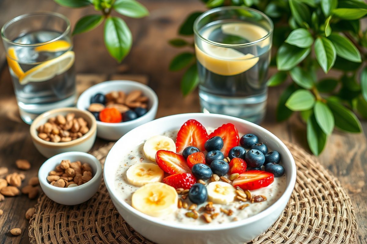 A close-up view of a vibrant, healthy breakfast spread laid out on a rustic wooden table. The centerpiece is a bowl of creamy oatmeal topped with a medley of colorful fresh fruits, including sliced strawberries, blueberries, and banana slices, all glistening with morning dew. Surrounding the oatmeal are small dishes filled with crunchy nuts and seeds, adding texture to the scene. A glass of refreshing water with lemon slices sits nearby, reflecting soft morning light. In the background, a plant with lush green leaves adds a touch of nature, while a woven placemat adds warmth and rustic charm. The overall composition is bright and inviting, evoking a sense of health and vitality, perfect for someone seeking to manage lactose intolerance and constipation through mindful eating.