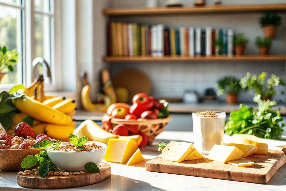 A photorealistic decorative image features a serene kitchen scene bathed in soft, natural light filtering through a large window. The countertop is adorned with a variety of fresh, colorful fruits such as ripe bananas, juicy strawberries, and crisp apples, suggesting a healthy lifestyle. Nearby, a wooden bowl filled with assorted nuts and seeds adds a rustic touch. On the side, a glass of creamy, lactose-free yogurt is topped with a sprinkle of granola and a few mint leaves, emphasizing a dairy-free option. A cutting board displays slices of hard cheese alongside vibrant, leafy greens, showcasing foods more tolerable for those with lactose intolerance. In the background, shelves are lined with cookbooks and potted herbs, adding warmth and a homely feel. The overall atmosphere is inviting and comforting, embodying a blend of health and culinary creativity, perfect for individuals seeking to manage lactose intolerance while enjoying delicious, nutritious meals.