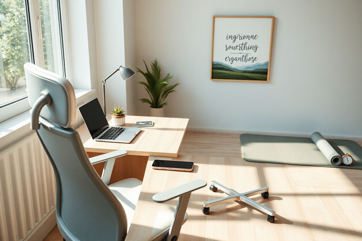 A photorealistic image depicting a serene workspace designed to promote ergonomic comfort and wellness. The scene features a modern desk made of light wood, adorned with a sleek laptop, a stylish smartphone resting on a wireless charging pad, and a small potted succulent for a touch of greenery. A comfortable, adjustable ergonomic chair is positioned in front of the desk, emphasizing proper posture with its high back and lumbar support. Soft, natural light filters through a large window, illuminating the space and casting gentle shadows. On the wall, an inspirational art piece depicts calming nature scenes, enhancing the tranquil atmosphere. Nearby, a yoga mat is rolled out, suggesting mindfulness practices, while a small timer sits on the desk, indicating reminders for regular breaks. The overall color palette is soft and inviting, featuring shades of white, green, and light brown, creating a cohesive and calming environment ideal for reducing stress and encouraging healthy habits amidst smartphone usage.