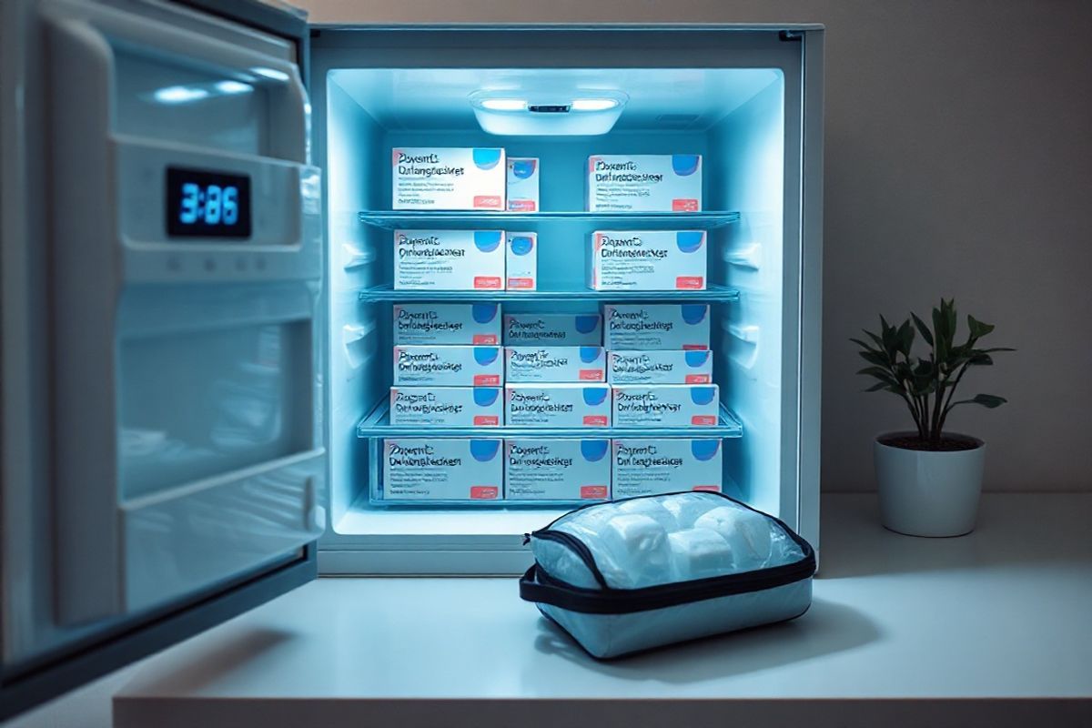 The image depicts a serene and organized medication storage area, showcasing a modern refrigerator with a clear glass door. Inside, several neatly arranged boxes of Dupixent are visible, each in its original packaging to protect them from light. The refrigerator is set at the ideal temperature range, indicated by a small digital thermometer displaying 36ºF to 46ºF (2ºC to 8ºC). Soft, cool lighting illuminates the interior, highlighting the vibrant colors of the packaging while casting gentle shadows. Surrounding the refrigerator, a clean countertop displays a small, insulated travel bag with ice packs, emphasizing the importance of maintaining proper temperature during transport. In the background, there’s a small potted plant, adding a touch of nature and tranquility to the scene. The overall atmosphere conveys a sense of careful attention to detail and the importance of proper medication storage, creating a visually appealing and informative composition that resonates with the guidelines for Dupixent storage.