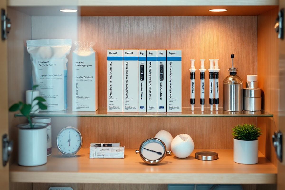 A photorealistic image of a well-organized medicine cabinet, showcasing a neatly arranged shelf containing Dupixent pens and syringes. The background features soft, warm lighting that highlights the sleek, modern packaging of the Dupixent medication, emphasizing its importance and specialty status. Surrounding the Dupixent are various health-related items, such as antiseptic wipes, cotton balls, and a small, elegant thermometer, all positioned in an orderly manner. The cabinet itself is made of light wood, with glass doors that reflect the items inside, creating a welcoming and professional atmosphere. A subtle hint of greenery from a small potted plant in the corner adds a touch of life to the scene, while the overall composition conveys a sense of care and attention to detail in handling and storing medications. The image captures the essence of health management, ensuring that the viewer feels informed and reassured about the proper storage and handling of specialty medications like Dupixent.