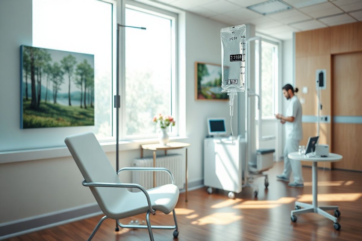 Create a photorealistic image of a serene medical setting that conveys a sense of calm and professionalism. The scene features a well-lit infusion room with soft, natural light streaming through large windows, illuminating the space. In the foreground, a comfortable reclining chair is positioned next to an IV stand, where a clear infusion bag hangs, gently swaying. A tranquil landscape painting adorns the wall, depicting a peaceful forest with sunlight filtering through the trees. On a nearby table, a small vase holds fresh flowers, adding a touch of color and life to the environment. The floor is a polished wood, enhancing the warm atmosphere. In the background, a nurse is seen attentively monitoring a patient who is receiving treatment, ensuring a sense of care and support. The overall ambiance is one of hope and healing, capturing the essence of a safe space for individuals undergoing treatment with Kisunla. The color palette is soft and soothing, incorporating pastel hues of blue and green, evoking a sense of tranquility and well-being.