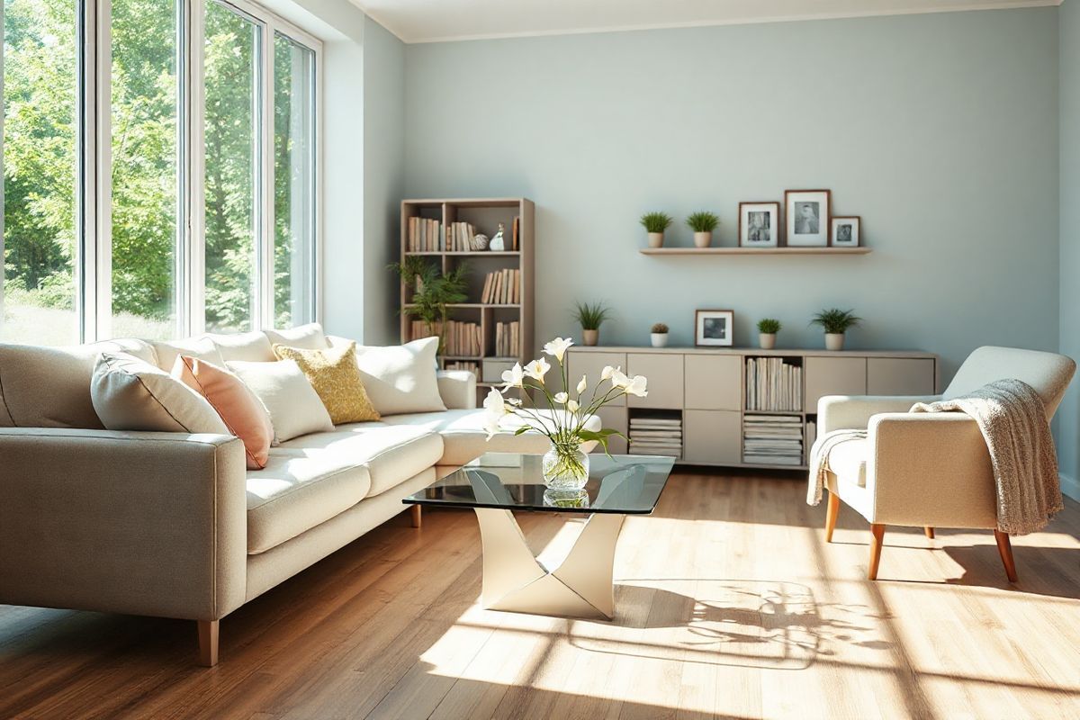 A serene and inviting interior scene showcasing a cozy living room bathed in soft, natural light. The focal point is a plush, light-colored sofa adorned with a mix of pastel cushions, arranged comfortably around a sleek, glass coffee table. On the table, a delicate vase holds fresh white lilies, their petals softly unfurling. In the background, a large window reveals a lush green garden, with sunlight filtering through the leaves, casting gentle shadows on the wooden floor. The walls are painted in a calming pale blue, enhancing the tranquil atmosphere. A bookshelf filled with neatly arranged books and a few decorative items, such as framed family photos and small potted plants, adds a personal touch. A cozy armchair sits in the corner, inviting relaxation with a warm throw draped over its arm. The overall composition exudes a sense of peace and warmth, making it an ideal setting for reflection and comfort, resonating with the themes of care and support relevant to those affected by Alzheimer’s disease.