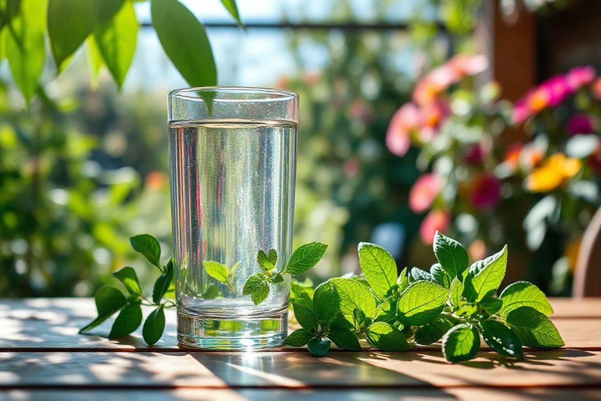 A serene and inviting scene depicting a tranquil glass of water sitting on a wooden table, surrounded by lush greenery. The sunlight filters through the leaves, casting gentle shadows and creating a play of light and reflections on the surface of the water. Beside the glass, fresh herbs like mint and basil are artfully arranged, adding a splash of vibrant green. The background features a softly blurred view of a garden, with colorful flowers blooming and a hint of a blue sky peeking through. The focus is on the clarity of the water, symbolizing hydration and health, while the natural elements evoke a sense of calm and wellness. The overall composition is balanced and harmonious, conveying an atmosphere of tranquility and the importance of hydration in maintaining well-being, particularly in the context of managing health conditions.