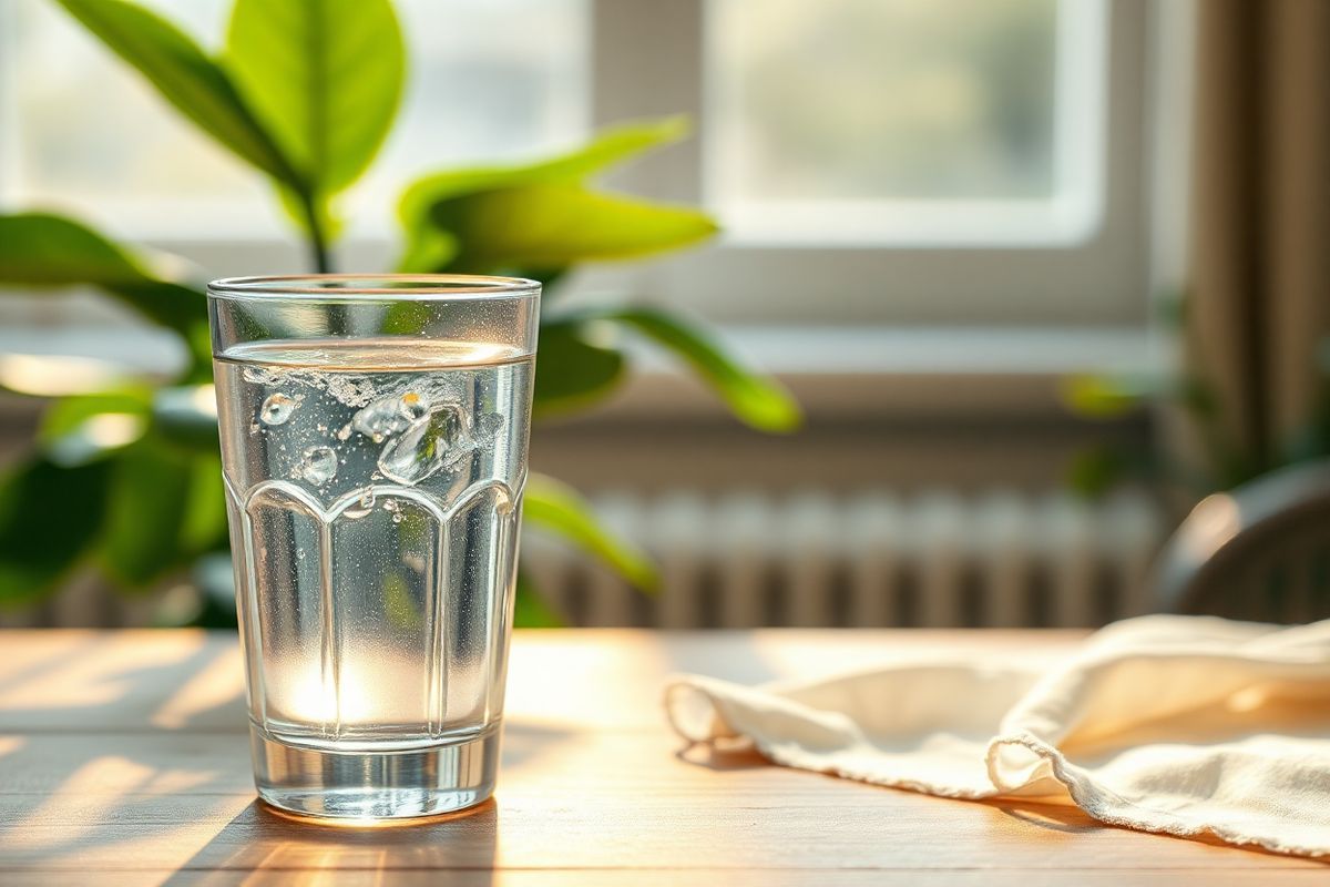 A serene and tranquil setting featuring a crystal-clear glass of water, glistening under soft, natural light, placed on a wooden table. The glass is filled to the brim, with gentle ripples on the surface, reflecting the surrounding greenery. In the background, a lush indoor plant with broad leaves stands prominently, symbolizing hydration and vitality. The scene is enhanced by a blurred view of a sunlit window, allowing warm light to filter through, creating a peaceful ambiance. Small droplets of condensation cling to the glass, highlighting the refreshing nature of the water, while a delicate, light-colored cloth is casually draped beside it, adding texture and warmth to the composition. The overall atmosphere conveys a sense of calmness, well-being, and the essential nature of hydration, resonating with the themes of nephrogenic diabetes insipidus and the importance of fluid intake.