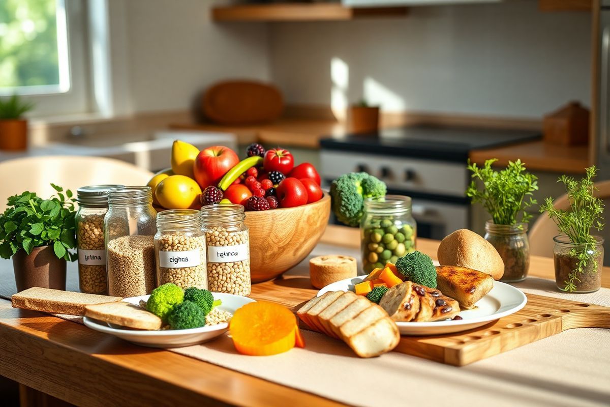 A beautifully arranged dining table set in a warm, inviting kitchen. The table features a vibrant, colorful spread of healthy foods that highlight a balanced meal for managing diabetes. In the center, a large wooden bowl overflows with fresh fruits—apples, berries, and bananas—showcasing their natural colors. Surrounding the fruit are small, neatly labeled glass jars containing whole grains like quinoa and brown rice, as well as a variety of legumes. To one side, a plate displays a serving of grilled chicken breast alongside a generous portion of steamed broccoli and a small mound of sweet potato, emphasizing the importance of balanced meals. A rustic wooden cutting board holds a few slices of whole-grain bread. The background features soft, natural lighting filtering through a window, casting gentle shadows and creating a cozy atmosphere. Fresh herbs in small pots adorn the table, adding a touch of greenery and life to the scene. This image captures the essence of mindful eating and carb counting, reflecting a healthy lifestyle choice for individuals managing their diabetes.