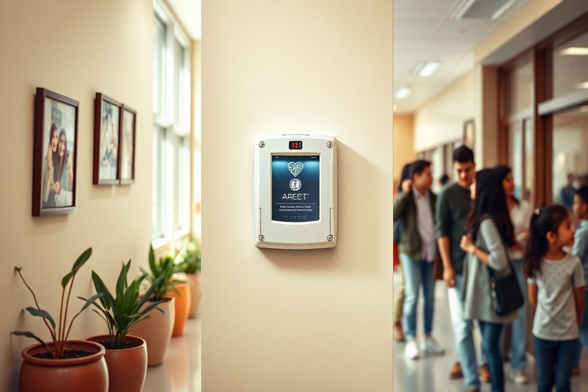 A serene and inviting scene unfolds in a well-lit public space, such as a school hallway or a community center. The central focus is a bright, wall-mounted Automated External Defibrillator (AED) in a sleek, modern casing, prominently displayed against a soft pastel wall. Surrounding the AED are subtle, warm-toned decorations, like calming plants in stylish pots and framed images of community gatherings, creating an atmosphere of safety and readiness. Soft, natural light filters through large windows, illuminating the area with a sense of hope and reassurance. In the background, a diverse group of people, including children and adults of various ages and ethnicities, engage in casual conversations, symbolizing community unity and awareness. Some individuals glance towards the AED, showcasing a sense of familiarity and confidence in its use. The overall composition conveys a message of preparedness and community care, emphasizing the importance of having accessible AEDs in public spaces, fostering a supportive environment where everyone feels empowered to act in emergencies.