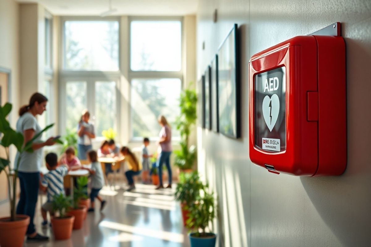 A photorealistic image depicts a serene, well-lit community space, such as a school hallway. In the foreground, an Automated External Defibrillator (AED) is mounted on the wall, prominently displayed in a bright red case with a glass cover, signifying its accessibility. The background features a diverse group of individuals—a mix of adults and children—engaging in various activities: a teacher conducting a class, students collaborating at a table, and a caregiver attending to a child. Natural light streams through large windows, creating a warm and inviting atmosphere. Potted plants add a touch of greenery, enhancing the sense of life and vitality in the space. The overall composition emphasizes safety and preparedness, with the AED as a focal point, symbolizing community awareness and the importance of being equipped to handle emergencies. The image captures a moment of calm, illustrating the blend of everyday life and the vital role of emergency medical readiness within a shared environment.