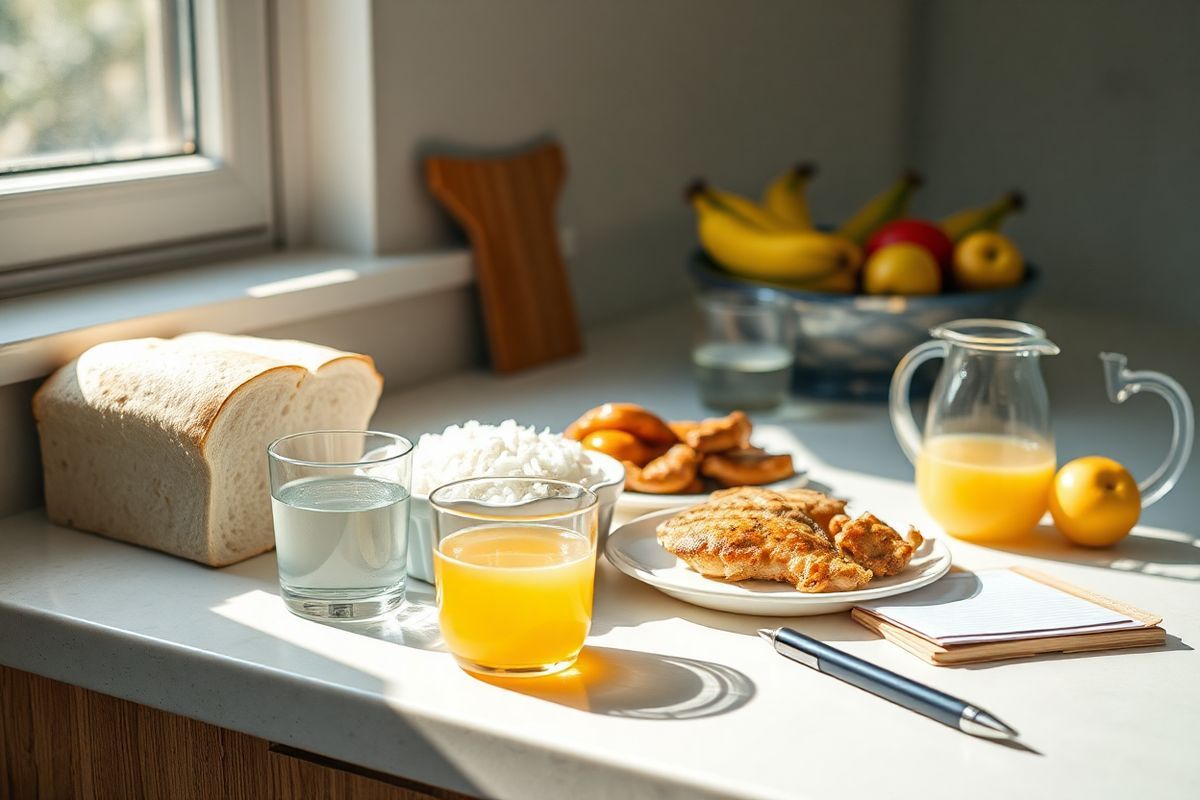 A photorealistic decorative image depicting a serene kitchen countertop during the preparation phase for a colonoscopy. The scene is softly illuminated by natural sunlight filtering through a nearby window, casting gentle shadows. The countertop showcases a neatly arranged display of low-fiber food items: a loaf of fresh white bread, a bowl of plain rice, and a plate with cooked eggs and grilled chicken. Beside these, there are clear liquid options, such as a glass of water, a bowl of clear chicken broth, and a small pitcher of apple juice. In the background, a fresh fruit bowl sits, highlighting the absence of high-fiber options, with only low-fiber fruits like peeled apples and a few ripe bananas. A notepad with a pen rests on the countertop, suggesting a thoughtful preparation process. The overall ambiance is calm and inviting, emphasizing the importance of careful dietary choices while preparing for a medical procedure, with a focus on health and wellness.