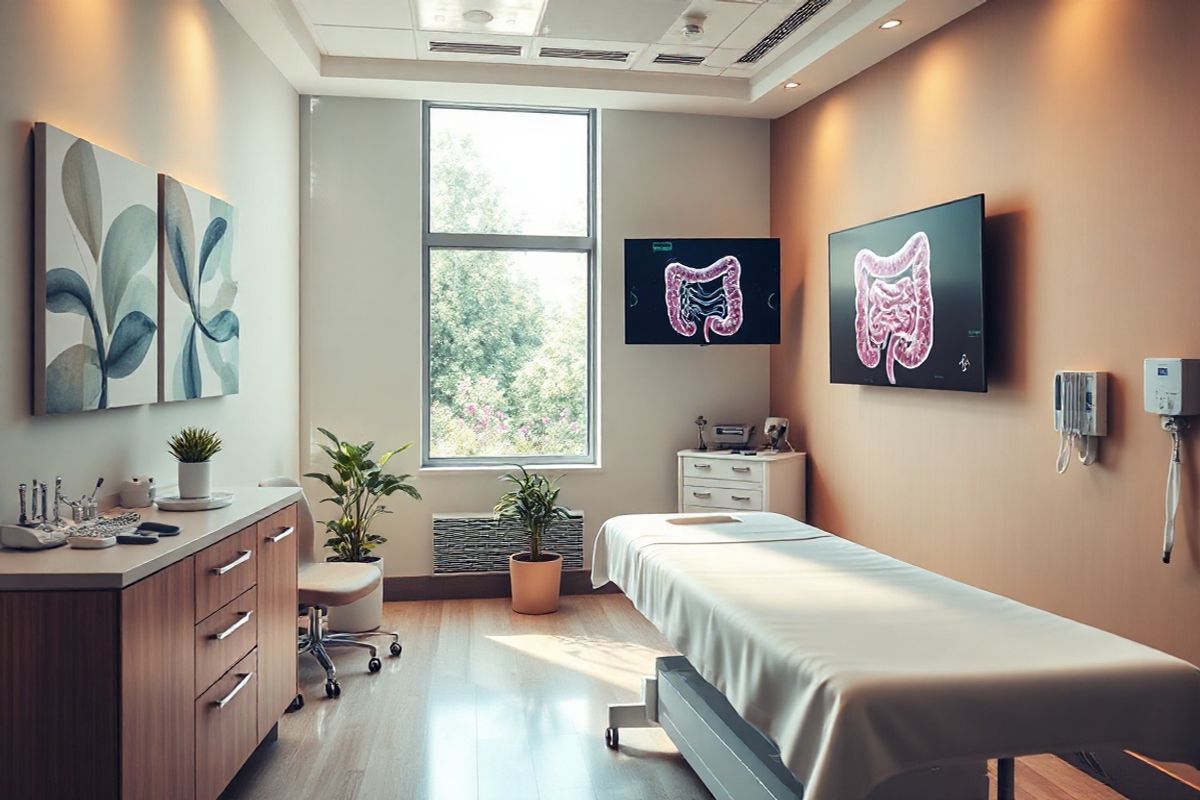 A photorealistic decorative image depicting a tranquil medical examination room designed for colonoscopies. The room is softly lit with warm, inviting tones and features a comfortable examination table, neatly covered with a crisp white sheet. To one side, a well-organized counter showcases various medical instruments, including endoscopes and sterile supplies, all meticulously arranged. A large window allows natural light to stream in, illuminating the space and providing a view of a serene garden outside, filled with lush greenery and blooming flowers. On the walls, calming artwork featuring abstract designs in soothing colors enhances the peaceful atmosphere. A state-of-the-art monitor is mounted on the wall, displaying a clear, digital representation of the colon, symbolizing the importance of early detection and diagnosis. In one corner, a small plant adds a touch of nature, while a comfortable chair invites patients to sit and relax. The overall ambiance conveys a sense of safety, professionalism, and care, reflecting the significance of the colonoscopy procedure and preparation for patients seeking health and wellness.