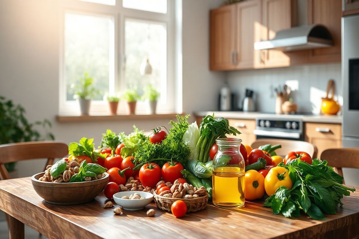 A stunning photorealistic image of a serene kitchen scene bathed in soft, natural light filtering through a large window. The centerpiece is a beautifully arranged wooden dining table adorned with a vibrant selection of fresh fruits and vegetables, including ripe tomatoes, leafy greens, and colorful bell peppers. A rustic bowl filled with assorted nuts and a small dish of olive oil sit nearby, emphasizing healthy eating. In the background, a modern kitchen with sleek appliances and wooden cabinetry adds warmth to the space. Fresh herbs, such as basil and rosemary, are planted in small pots on the windowsill, suggesting a connection to wholesome cooking. The overall atmosphere is inviting and tranquil, reflecting a lifestyle dedicated to health and wellness, embodying the essence of a heart-healthy diet. The image captures the beauty of nutritious foods and the joy of cooking, encouraging viewers to envision a lifestyle centered around healthy eating and well-being.