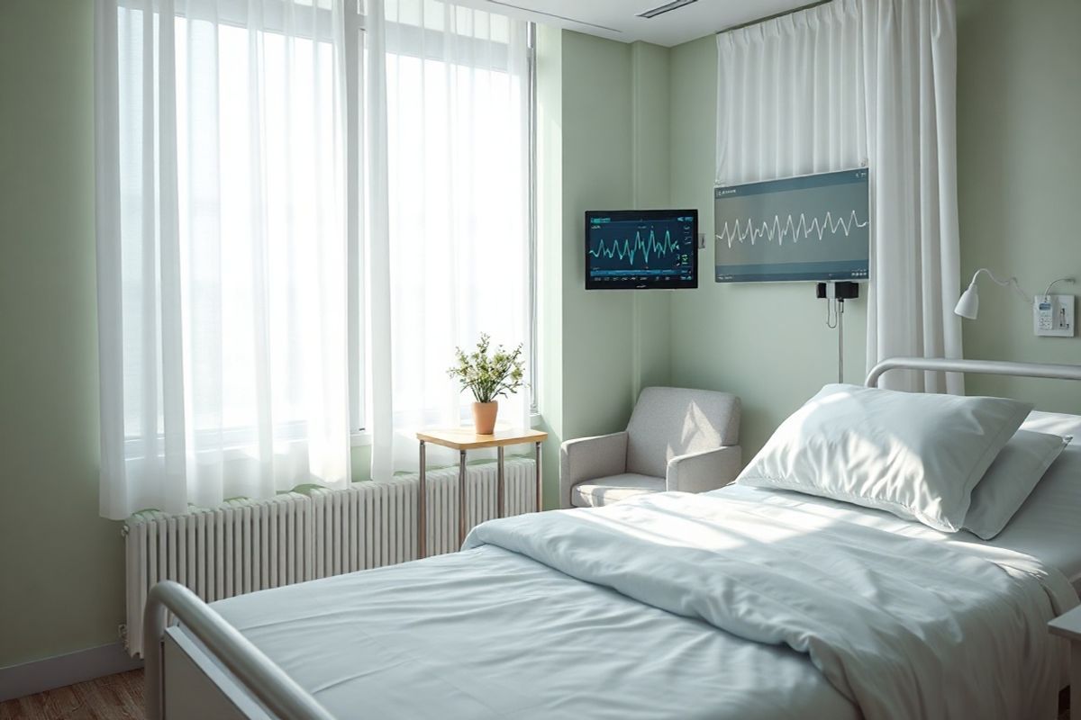 A serene and photorealistic image of a tranquil hospital room, softly illuminated by natural light streaming through large windows adorned with sheer white curtains. The focal point is a neatly made hospital bed with crisp white linens and a plush light blue blanket, symbolizing comfort and care. A small nightstand beside the bed holds a vase of fresh flowers, adding a touch of warmth and color to the scene. In the background, a state-of-the-art ECG monitor quietly displays a steady heart rhythm, reinforcing the theme of heart health. The walls are painted in a calming soft green hue, promoting a sense of peace and healing. A cozy armchair sits in the corner, inviting family members to sit and share moments with their loved ones. A small potted plant on the windowsill symbolizes vitality and growth, while a gentle breeze rustles the curtains, creating a peaceful atmosphere. This image encapsulates hope, care, and the importance of a healing environment in the context of arrhythmia management and heart health.