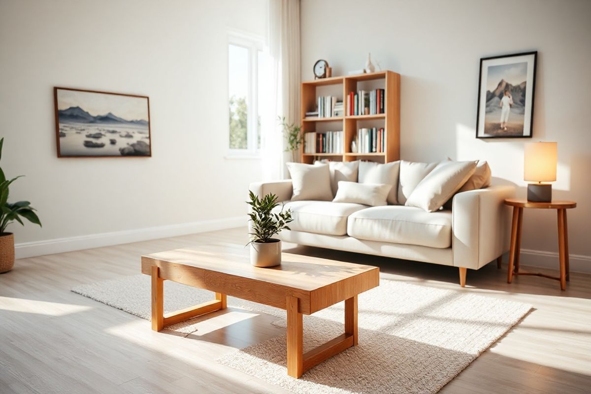 A serene and inviting home setting, featuring a well-lit, cozy living room with soft, neutral-toned furnishings. In the foreground, a stylish coffee table made of natural wood is adorned with a small potted plant, exuding a sense of calm and tranquility. The walls are painted in a light pastel shade, enhancing the airy atmosphere. A large window allows sunlight to stream in, casting gentle shadows on the floor, where a plush area rug in muted colors adds warmth. In the background, a comfortable sofa is positioned against the wall, covered with decorative cushions that complement the room’s color palette. A bookshelf filled with well-organized books and a few decorative items adds an element of personal touch. On a side table, a modern lamp with a warm glow creates an inviting ambiance. To one side, a framed artwork depicting a serene landscape brings a touch of nature indoors, while the overall scene conveys a sense of routine and stability, reflecting the importance of creating a conducive environment for health and well-being. The composition emphasizes harmony and balance, making it an ideal visual representation of personal care and adherence to a treatment regimen.