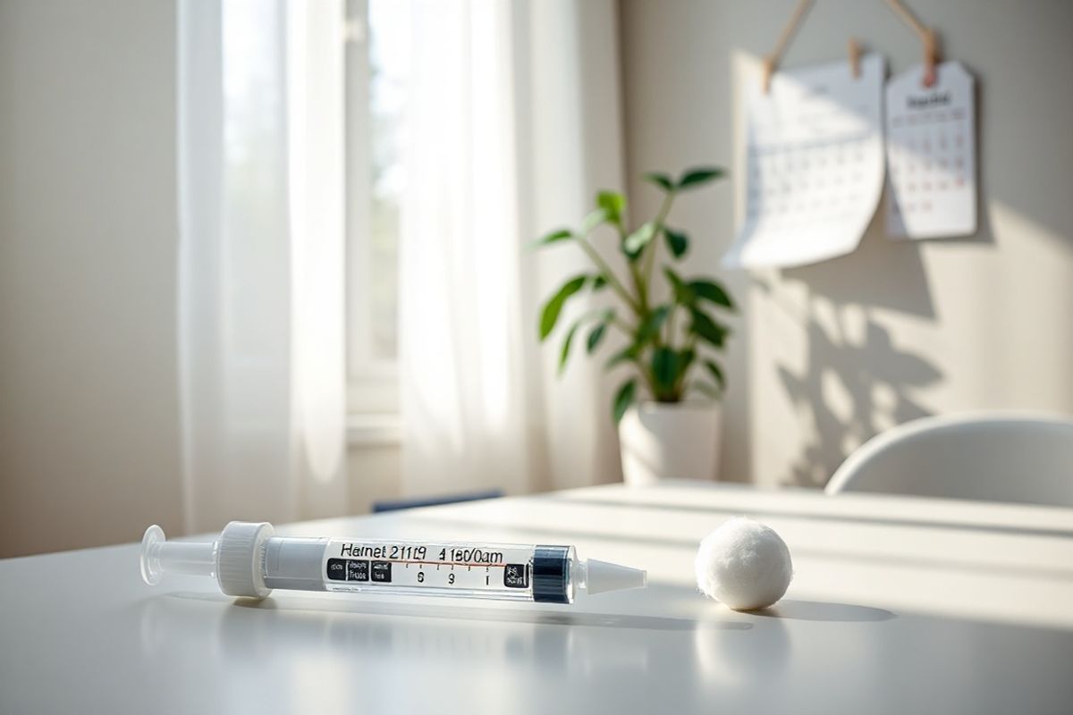 A photorealistic image of a serene and well-lit home healthcare setting is depicted. In the foreground, a clean and organized table holds a Repatha prefilled syringe alongside a small alcohol wipe and a cotton ball, showcasing the essential items needed for injection. Soft, natural light filters through a nearby window, casting gentle shadows that enhance the calm atmosphere. In the background, a potted plant adds a touch of greenery, symbolizing health and vitality. The walls are painted in soft, neutral tones, creating a soothing ambiance. A calendar hangs on the wall, marked with a reminder for the next injection date. The entire scene is arranged to evoke feelings of reassurance and comfort, emphasizing the importance of proper administration and adherence to medication schedules in managing health. This image captures the essence of patient care and the proactive steps taken towards achieving optimal health outcomes while using Repatha.