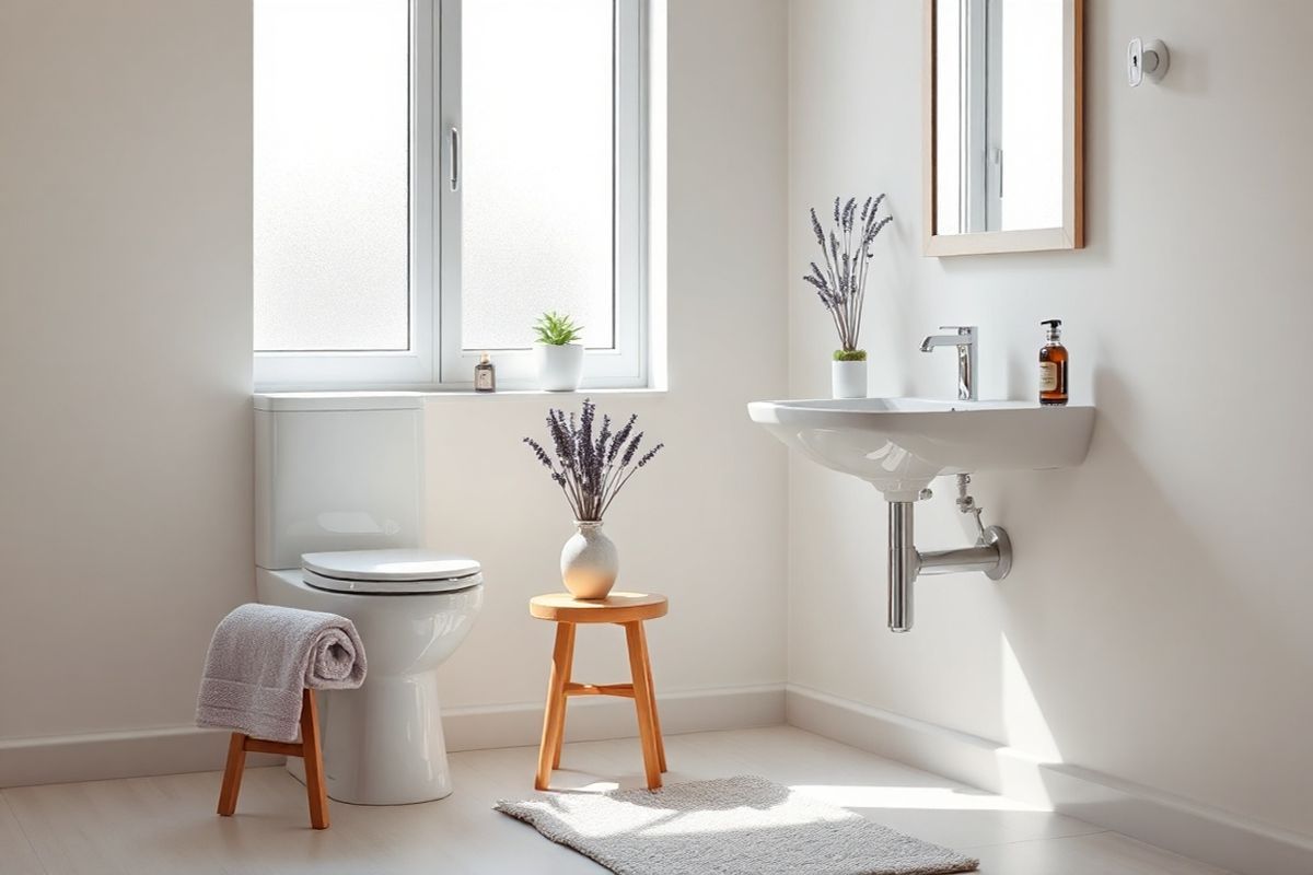 A serene bathroom setting bathed in soft, natural light filters through a frosted window, creating a calming atmosphere. The focal point is a modern white porcelain toilet, elegantly positioned beside a small wooden stool adorned with a plush lavender towel. A delicate ceramic vase holds fresh lavender sprigs, adding a touch of nature and tranquility. The walls are painted in a soothing pastel hue, enhancing the overall sense of relaxation. A framed mirror above the sink reflects the soft light, while the sink, with its sleek design, is accompanied by a minimalist soap dispenser and a gentle potted succulent. On the floor, light-colored tiles create a spacious feel, and a plush area rug near the toilet invites comfort. Subtle touches, such as a decorative candle on the windowsill and a bottle of essential oil, promote a sense of wellness and self-care. This inviting space embodies the essence of scheduled toileting, encouraging a routine that fosters bladder health and tranquility.