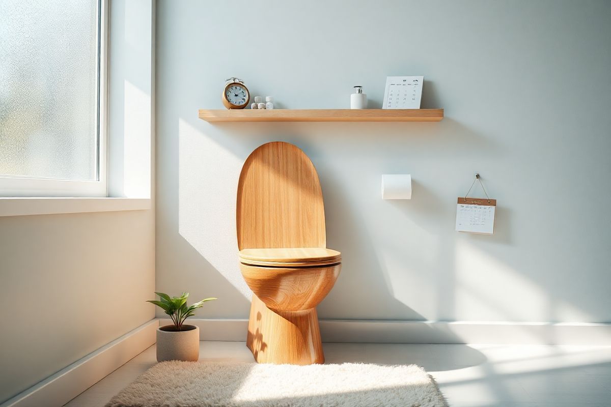 A serene bathroom setting illuminated by soft, natural light filters through a frosted window, casting gentle shadows across the space. In the foreground, a stylish wooden toilet with a clean, modern design stands next to a small, elegant potted plant, adding a touch of greenery. A plush, light-colored rug lies beneath, enhancing the warmth of the room. On the wall, a minimalist shelf holds neatly arranged hygiene essentials and a small clock, emphasizing the importance of scheduled routines. The background features a calming color palette of soft blues and whites, creating a tranquil atmosphere. Subtle details, like a decorative soap dispenser and a rolled towel, contribute to the overall sense of order and structure. A small calendar hangs nearby, suggesting a well-planned routine without showing any specific dates. This image encapsulates the essence of comfort, organization, and mindfulness, resonating with the theme of managing overactive bladder through scheduled toileting.