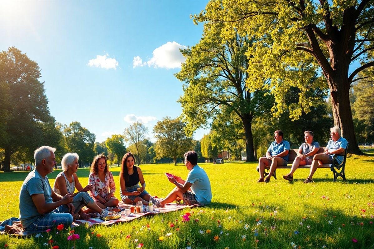 A photorealistic image captures a serene park scene bathed in warm, golden sunlight. In the foreground, a diverse group of individuals—young and old, different ethnicities—are engaged in various social activities. Some are sitting on a picnic blanket, sharing laughter and enjoying a light meal, while others play a friendly game of frisbee nearby. The lush green grass is dotted with colorful wildflowers, enhancing the vibrant atmosphere. In the background, a couple of individuals are seen in deep conversation on a park bench, their expressions reflecting warmth and understanding. Tall trees provide a natural canopy, their leaves gently rustling in the breeze, creating a sense of tranquility. A clear blue sky stretches overhead, dotted with a few fluffy white clouds, symbolizing hope and freedom. The overall composition radiates a sense of community, connection, and support, embodying the essence of social engagement and the importance of fostering a supportive environment for mental well-being. This inviting scene serves as a reminder of the power of human connection in combating loneliness and promoting emotional health.