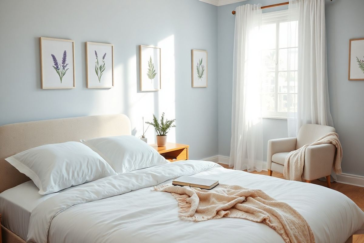 A serene and inviting bedroom scene bathed in soft, natural light. The focal point is a neatly made bed with plush white linens and a delicate, pastel-colored throw blanket draped across the foot. A pair of fluffy pillows are stacked against a headboard adorned with subtle, intricate patterns. Beside the bed, a small wooden nightstand holds a calming lavender-scented candle, a potted succulent, and a journal, suggesting a space for reflection and mindfulness. The walls are painted in a soothing light blue, complemented by a few framed botanical prints that evoke a sense of tranquility. A large window with sheer white curtains allows gentle sunlight to filter in, illuminating a cozy reading nook with a plush armchair and a soft throw blanket. The overall atmosphere is peaceful and harmonious, designed to promote relaxation and well-being, making it an ideal space for individuals seeking comfort and stability as they navigate their mental health journey.