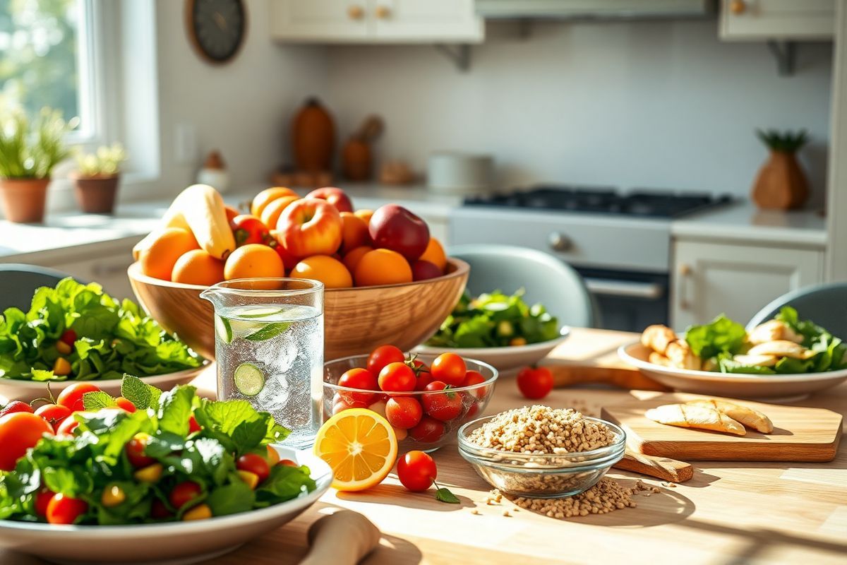 A photorealistic image depicts a serene dining table set against a backdrop of a sunlit kitchen. The table is elegantly arranged with a variety of vibrant, whole foods that symbolize healthy eating. A large wooden bowl overflowing with fresh, colorful fruits—such as red apples, bright oranges, and ripe bananas—takes center stage. Surrounding the bowl are plates filled with leafy green salads adorned with colorful vegetables like cherry tomatoes, cucumbers, and bell peppers. A glass pitcher filled with sparkling water, garnished with slices of lemon and sprigs of mint, sits nearby, reflecting the light beautifully. Soft, natural light filters through a window, casting gentle shadows and creating a warm, inviting atmosphere. In the background, a wooden cutting board displays whole grains like quinoa and brown rice, along with a few lean protein options such as grilled chicken breast and legumes, further emphasizing the theme of balanced nutrition. The overall scene exudes a sense of tranquility and encourages a lifestyle centered around wholesome, nutritious food choices that support sustainable weight management.