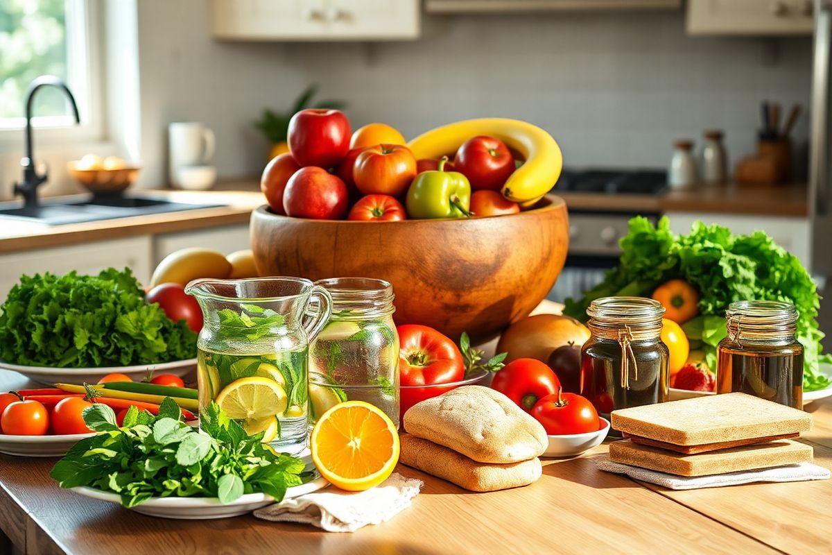 A beautifully arranged wooden dining table is set against a soft, sunlit kitchen backdrop, showcasing a vibrant spread of whole foods. In the center, a large, rustic wooden bowl overflows with an array of fresh fruits—glossy red apples, ripe bananas, and juicy oranges—each reflecting the warm light. Surrounding the bowl are colorful plates filled with crisp, leafy greens, bright bell peppers, and other seasonal vegetables, artistically arranged to highlight their textures and colors. Beside the plates, a clear glass pitcher filled with refreshing water infused with slices of lemon and sprigs of mint glistens invitingly. A small stack of whole grain bread sits on a handmade cloth napkin, while a few jars of healthy fats, such as olive oil and nut butter, add a touch of elegance to the scene. The overall composition is inviting and warm, evoking a sense of health, nourishment, and the joy of mindful eating. Sunlight streams through a nearby window, casting soft shadows and creating a serene atmosphere that embodies the principles of sustainable weight management and a balanced diet.