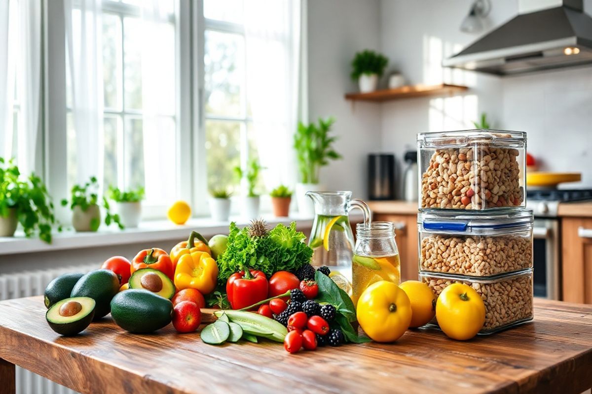 A photorealistic image depicting a serene kitchen scene that embodies the principles of healthy living and sustainable weight management. The kitchen is bright and airy, with natural light streaming through large windows adorned with sheer white curtains. On a rustic wooden dining table, a vibrant assortment of fresh fruits and vegetables is artfully arranged—ripe avocados, colorful bell peppers, crisp leafy greens, and a bowl of assorted berries. Nearby, a glass pitcher filled with refreshing lemon-infused water sits beside a neatly stacked set of glass containers filled with whole grains and nuts. The background features an inviting and organized kitchen with stainless steel appliances and herb pots on the windowsill, hinting at a focus on fresh ingredients. Soft green plants in decorative pots add a touch of nature, enhancing the sense of balance and wellness. This image conveys a lifestyle centered around nutritious eating, mindful cooking, and a harmonious environment, aligning perfectly with the holistic approach to weight management discussed in the article.