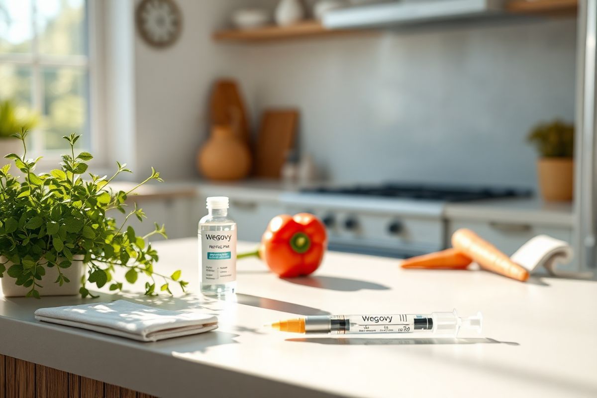 A photorealistic image depicting a serene and inviting injection preparation scene. The focal point is a clean, well-lit countertop featuring a Wegovy prefilled pen prominently placed next to an alcohol swab and a small, sleek sharps container. In the background, a soft-focus view of a cozy kitchen can be seen, with natural light filtering through a window, casting gentle shadows. The countertop is adorned with a fresh, green plant, symbolizing health and vitality, and a neatly folded gauze pad lies nearby. Scattered around are a few vibrant vegetables, such as bell peppers and carrots, subtly highlighting a commitment to a healthy lifestyle. The overall atmosphere is calm and organized, creating a sense of readiness and positivity for the weight loss journey ahead. This image captures the essence of preparation and care, aligning perfectly with the theme of effective medication administration and personal health management.