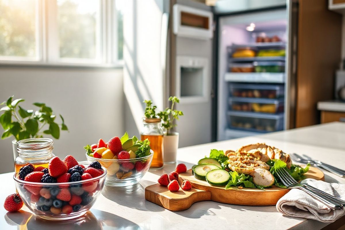 A photorealistic image of a serene kitchen setting, featuring a sunlit countertop adorned with fresh, vibrant ingredients. In the foreground, a bowl of colorful mixed berries—strawberries, blueberries, and raspberries—sits next to a small glass jar of honey. A wooden cutting board holds sliced avocado and cucumber beside a plate of grilled chicken salad, sprinkled with nuts and drizzled with vinaigrette. The background reveals a modern refrigerator with a sleek design, partially opened to showcase neatly organized containers of healthy snacks and prepped meals. Sunlight filters through a window, casting warm light across the scene, enhancing the freshness of the ingredients. A potted herb plant, such as basil or rosemary, adds a touch of greenery, while a neatly folded linen napkin and a set of elegant utensils suggest a welcoming atmosphere for a nutritious meal. The overall ambiance conveys health, vitality, and the joy of cooking wholesome food, aligning perfectly with the themes of weight management and healthy living discussed in the accompanying text.