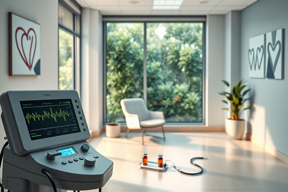 A photorealistic decorative image depicts a serene and calming scene in a modern healthcare setting. The focal point is a sleek, high-tech cardiology room adorned with soft, ambient lighting that creates a warm atmosphere. In the foreground, a state-of-the-art electrocardiogram (ECG) machine displays vibrant waveforms, symbolizing heart activity. Surrounding the machine are neatly arranged medical supplies, including a stethoscope and medication vials, conveying a sense of preparedness and care.   In the background, a large window reveals a tranquil view of a lush green garden, allowing natural light to filter into the room. This connection to nature enhances feelings of hope and healing. The walls are painted in soothing pastel colors, and artwork depicting abstract heart rhythms adds a touch of creativity. A comfortable chair sits in a corner, inviting patients to relax, while a potted plant provides a refreshing pop of greenery, promoting a healthy environment. This image encapsulates the essence of compassionate care in managing ventricular tachycardia, emphasizing both advanced technology and a nurturing atmosphere for patients.