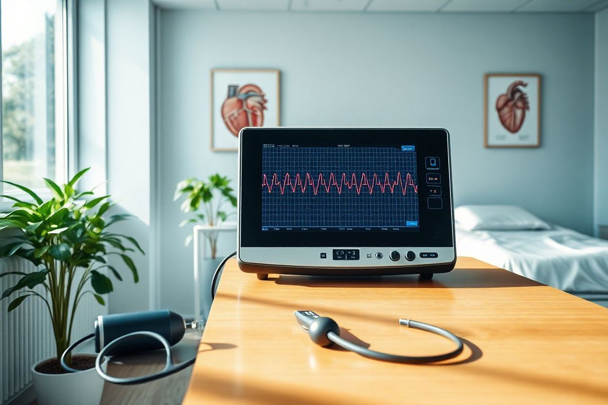 A photorealistic image depicting a serene medical environment focused on cardiac health would be ideal. The scene features a modern, well-lit examination room with soft, natural light filtering through large windows. In the center, a high-tech electrocardiogram (ECG) machine, displaying vibrant waveforms of heart rhythms, is prominently positioned. Surrounding the ECG machine, a few medical instruments, such as a stethoscope and blood pressure cuff, are neatly arranged on a polished wooden table.   On the walls, framed anatomical illustrations of the heart and circulatory system provide educational context, showcasing the complexities of cardiac function. A potted plant in the corner adds a touch of greenery, enhancing the calming atmosphere. In the background, a comfortable examination bed, draped with crisp white linens, invites patients to feel at ease.   Overall, the composition conveys a sense of professionalism and tranquility, symbolizing the importance of cardiac health and the advancements in medical technology for diagnosing and understanding conditions like ventricular tachycardia. The color palette is soft and soothing, with blues and greens predominating, creating a harmonious and inviting space.