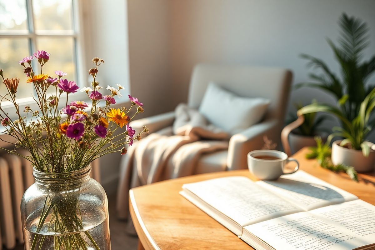 A serene and contemplative scene unfolds in a softly lit room, where a large window allows gentle sunlight to pour in, casting warm golden rays across the space. In the foreground, a delicate arrangement of vibrant wildflowers in a glass vase adds a touch of color, symbolizing hope and renewal. The background reveals a cozy, inviting armchair draped with a soft, textured blanket, inviting moments of reflection and comfort. On a nearby wooden side table, a steaming cup of herbal tea rests beside an open notebook filled with handwritten notes, suggesting an ongoing journey of self-discovery and healing. Subtle greenery from potted plants peeks into the scene, promoting a sense of tranquility and connection with nature. The overall atmosphere is one of warmth, peace, and introspection, encouraging a mindful approach to mental health and well-being—ideal for conveying themes of recovery and support as highlighted in the accompanying text.