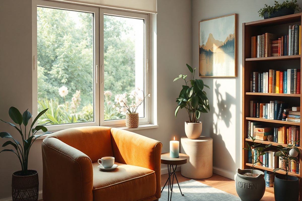 A serene, photorealistic scene unfolds in a softly lit therapy room, designed to promote healing and comfort. The focal point is a plush, inviting armchair in a warm, earthy tone, positioned beside a large window that lets in gentle, diffused sunlight. Outside the window, a lush green garden is visible, filled with blooming flowers in various pastel colors, symbolizing hope and renewal. On a small side table, a steaming cup of herbal tea rests next to a calming candle, casting a soft glow. The walls are adorned with abstract art in soothing colors, creating an atmosphere of tranquility. A bookshelf filled with colorful books and plants adds a touch of warmth, while a small, serene water fountain in the corner provides a subtle sound of flowing water. The overall ambiance of the room conveys a sense of safety, peace, and support, resonating with the themes of mental health recovery and the importance of a nurturing environment for healing.